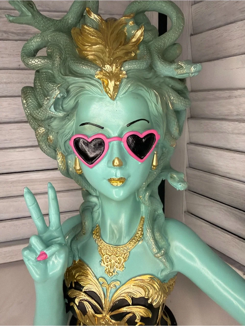 Aqua Medusa Vanity Statue with Pink Accents and Gold Detail